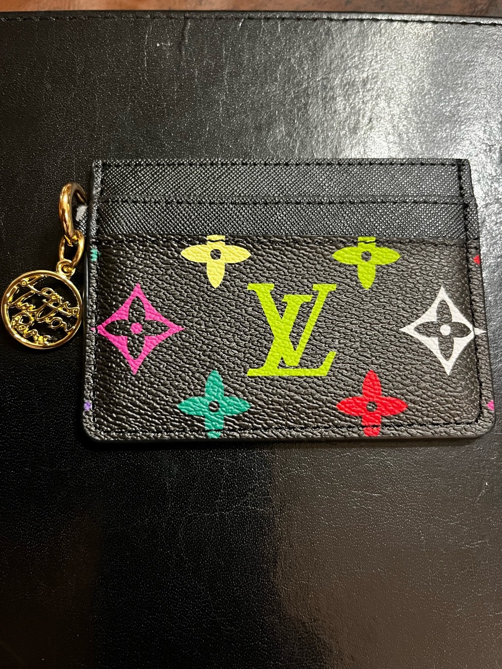 Louis. Vuitton. Black Vibrant Multi Color Monogram Card Wallet
